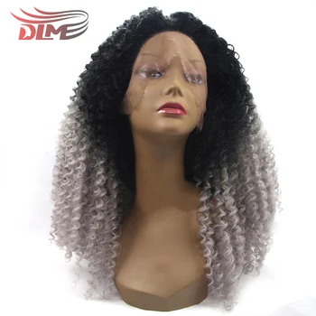 

DLME Synthetic Wig Lace Front Wigs Kinky Curly Ombre Brown Grey curly wig High Temperature Black Women Wig