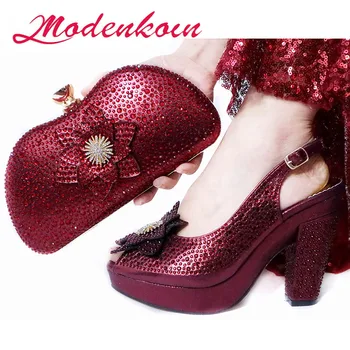 

High Quality African Party Shoes and Bag Set Decorated with Rhinestone Wine Ladies Shoes with Matching Bags Set Womens