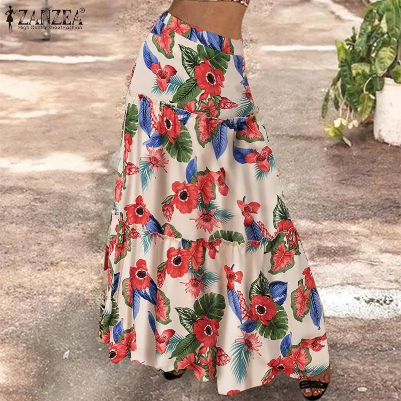 ZANZEA extra largas con estampado bohemio mujer, Faldas playeras informales de gran tamaño, de cintura alta, para vacaciones de verano|Skirts| AliExpress
