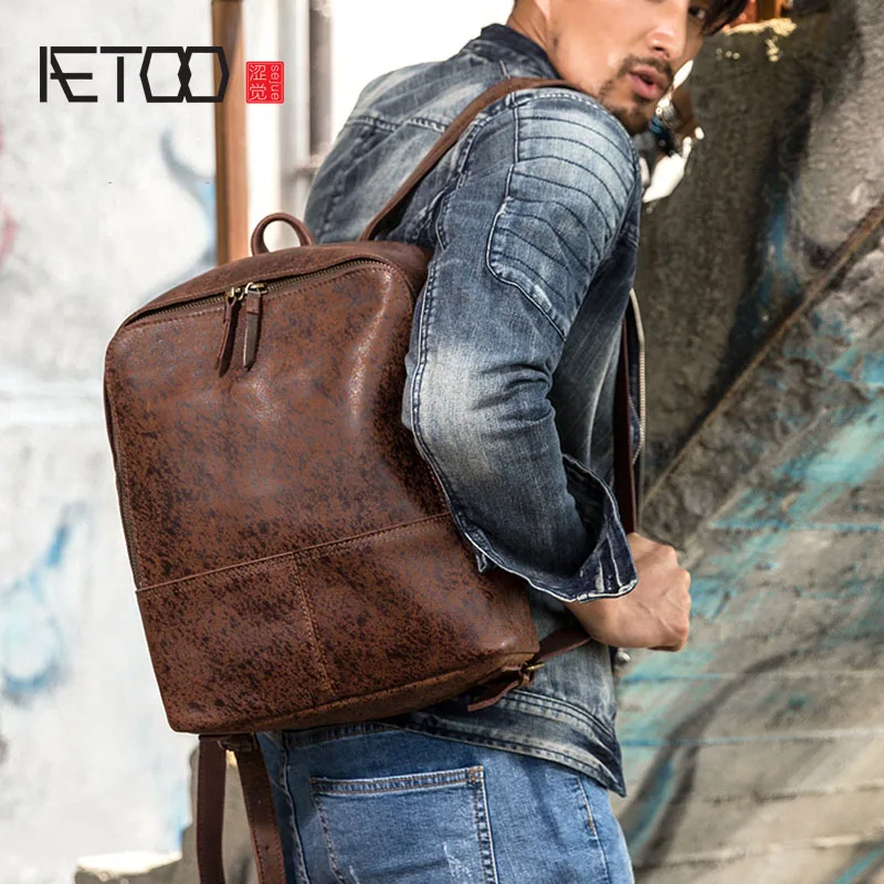 

BJYL Men's retro backpack leather backpack British wind computer bag leather travel bag handmade casual backpack female tide