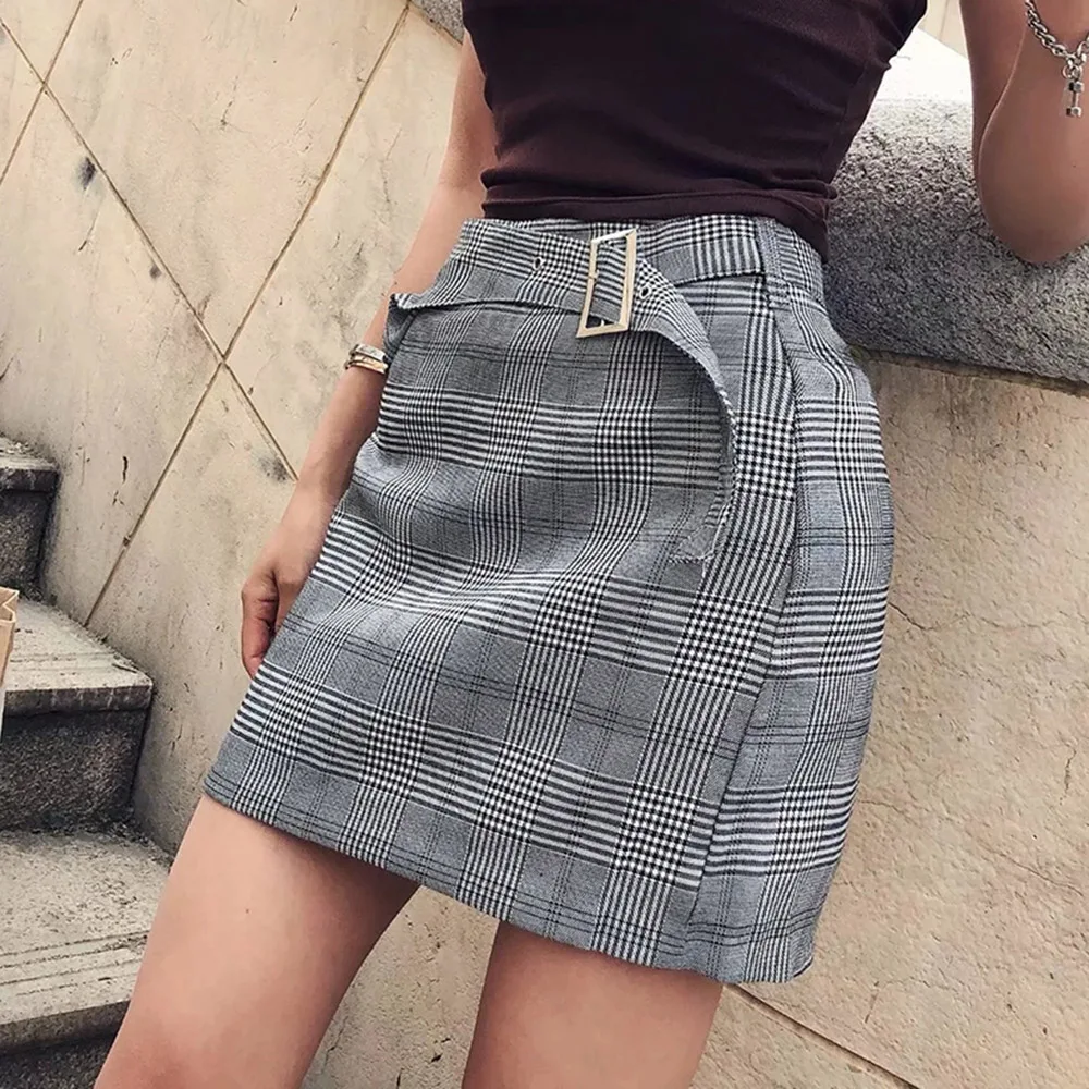 

Spring 2020 New Fashion Casual Stripe Mini Skirt Office Ladies Gray Brit Graphics Skirts Women Bottom Elegant Work Wear Skirts