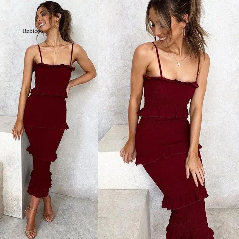 

Sexy Strap Ruffles Bodycon Women Dress Casual Party Solid Ruched Chiffon Midi Dress Elegant Sling Long Dress