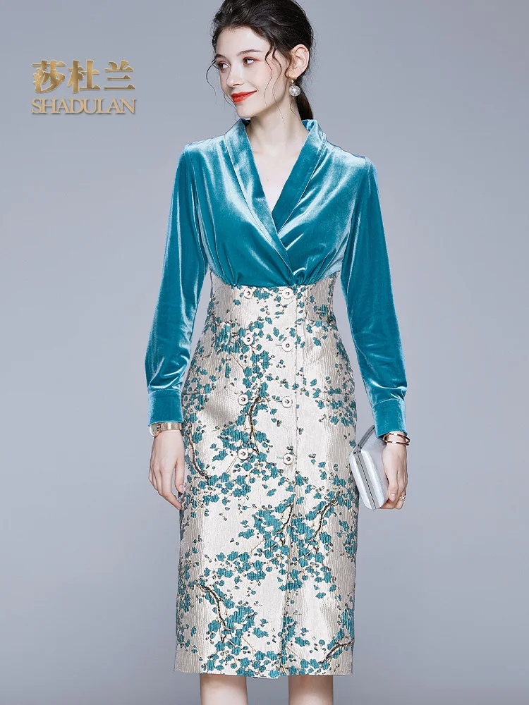

Velvet dress women's autumn/winter 2019 new famous temperament suit collar long-sleeved bag-top skirt