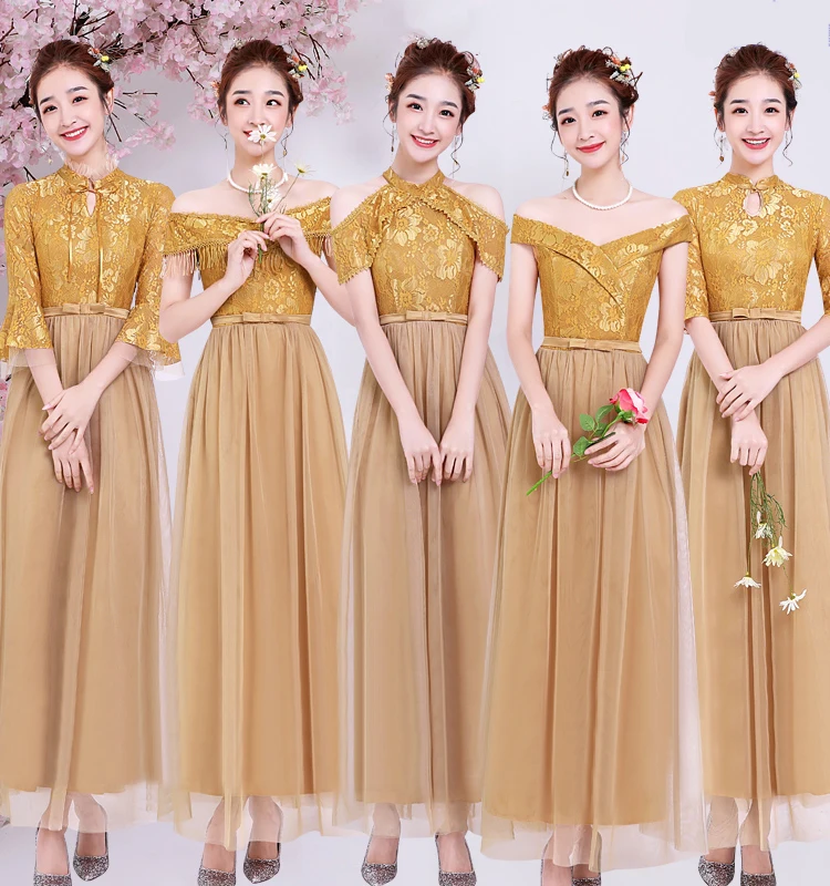 

Plus Size Gold Bridesmaid Dress Elegant Vestido Azul Marino Woman Dresses for Party and Wedding Boat Neck Sexy Prom Dress Sister