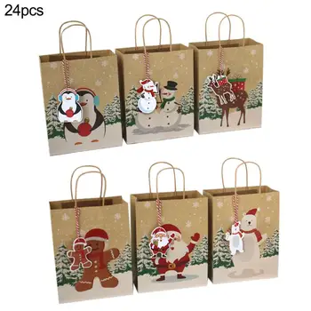 

24PCS/set Christmas Gift Bags Santa Sacks Kraft Paper Bag with Handle Kids Party Favors Box Christmas Decorations for Home