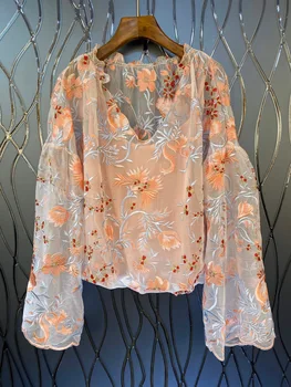 

2019 Autumn New Elegant Two-piece Plink Sling Silk Embroidered Long-sleeved Shirt Free Shipping Worldwide