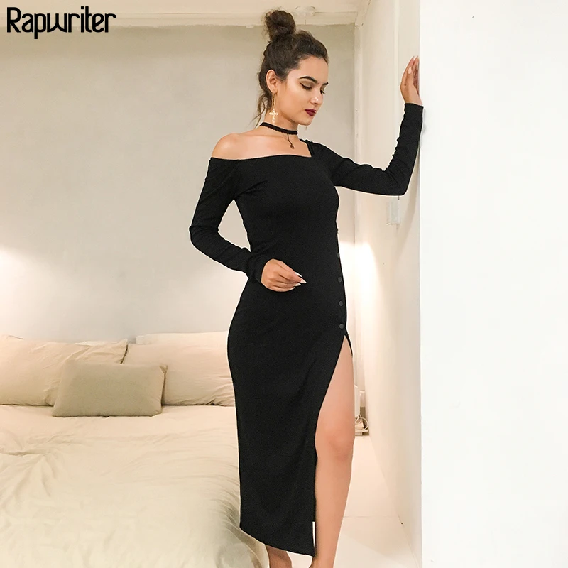 

Rapwriter Sexy Off Shoulder Side Button High Waist Long Dress Women 2019 Elegant Backless Party Ladies Dresses Woman Party Night