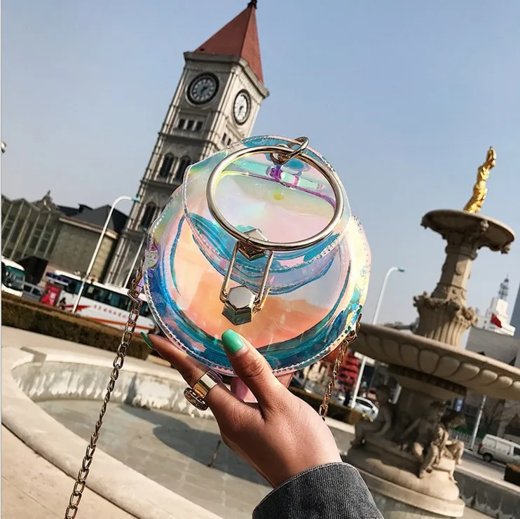 

Bag Women's 2018 New Style Laser Transparent Super Fire Fashion Chain Portable Shoulder Bag Versatile Shoulder Small round Bag W