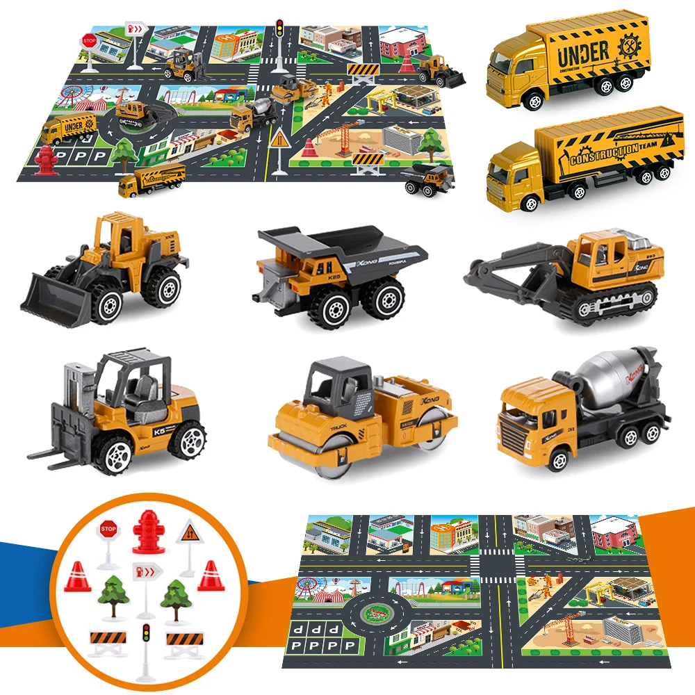 

Metal Diecast 1:64 Car Toys, 8pcs Cars Toys & 11pcs Road Sign Accessories & Play Mat, Alloy Toy Car for Boys Kid Child Age 3 4 5