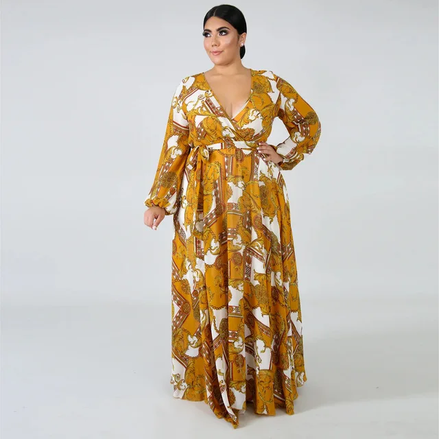 2021 Chiffon Long Sleeve Cross V-Neck Maxi Dress Bohemia Dress Full Plus Size Celebrity/Graduation/Dinner Dress Beach Sundress D5503 Yellow