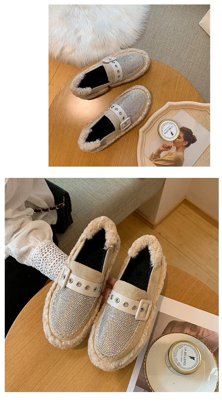 Korean Shoes Women All-Match Casual Female Sneakers Women's Moccasins Round Toe Autumn Loafers Fur Flats Crystal New Fall