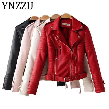 

YNZZU High Quality Women Faux Leather Jacket Coat 2019 Autumn Turn Down Collar Motorcycle Rivet Coat Streetwear with Belt A1130