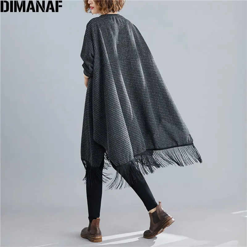 DIMANAF, женское осенне-зимнее платье, винтажное, с длинным рукавом, с кисточками, женское, хлопковое, вязаное, Vestidos размера плюс, Новинка