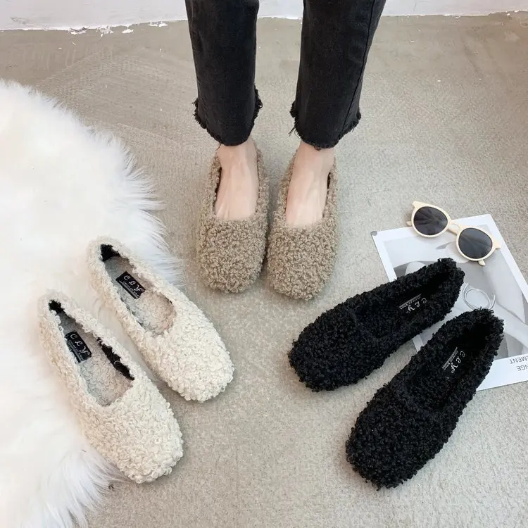 

Fluffy Shoes Women's Autumn And Winter Outer Wear Cute 2019 New Style Fashion Network Red Celebrity Style Korean-style Peas Flat