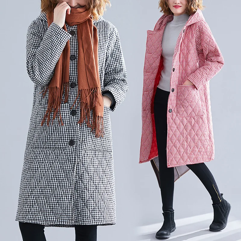 

2019 Winter New Style Large Size Dress Thick Cotton-padded Jacket Artistic Mid-length Loose Warm Coat Cotton Linen Cotton-padded