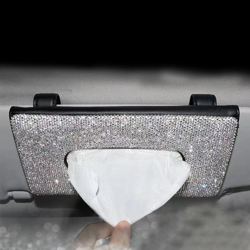 Bling Crystal Car Tissue Box Sun Visor Multi-function Diamond Leather Tissue Box Paper Holder Cover Sunvisor Hanging Napkin Box