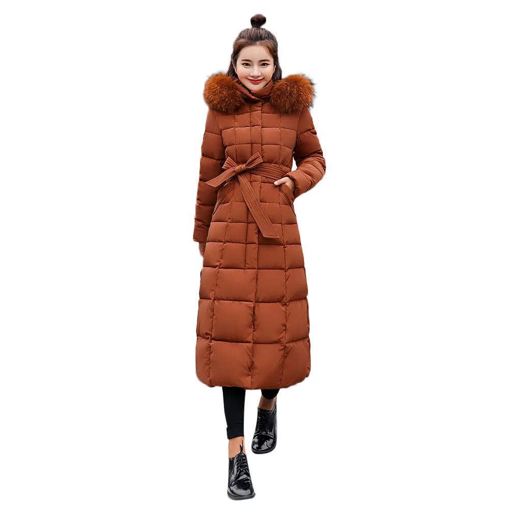 Длинное пуховое пальто с меховым капюшоном, женские утепленные куртки с хлопковой подкладкой, тонкое теплое пальто в Корейском стиле, женские пальто, Chamarras De Mujer - Цвет: Coffee