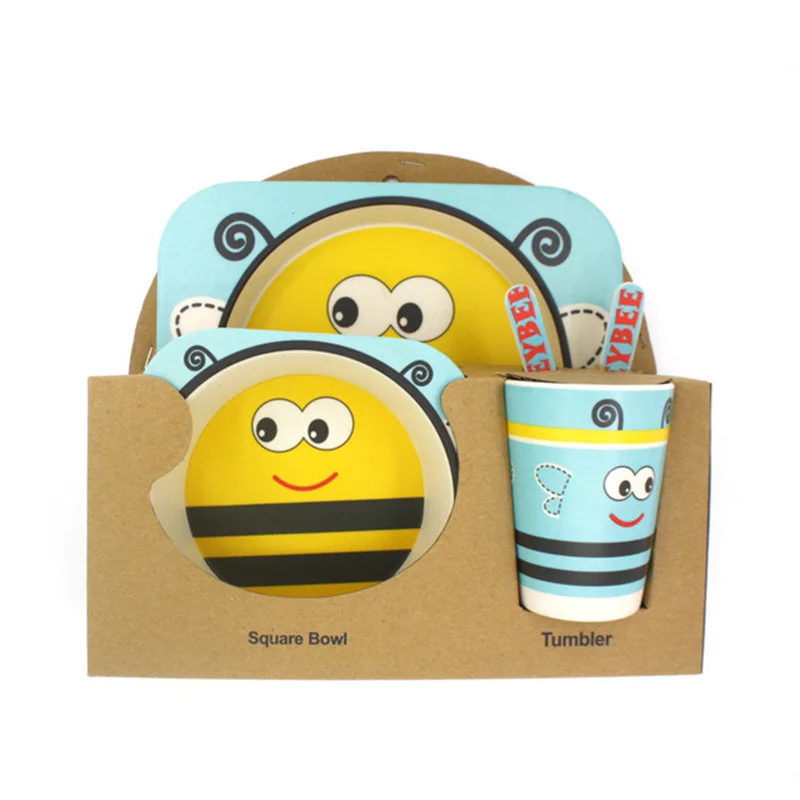 Blue bee 5 шт./компл. мультфильм животных пластина+ галстук-бабочка+ вилка из овечьей шерсти+ стакан-столовая посуда набор для кормления из бамбукового волокна; детские, для малышей контейнер посуда набор - Цвет: Blue bee