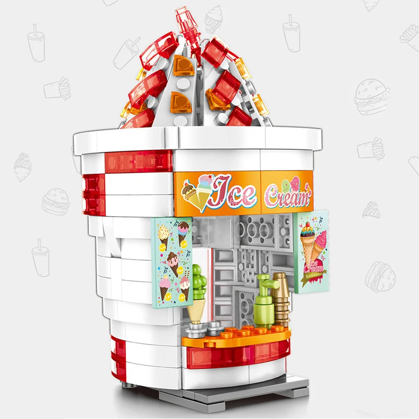Single City Hamburger Ice Cream Drink French Fries Snack Selling Store Building Blocks Bricks City Street View Toys for Children (3)