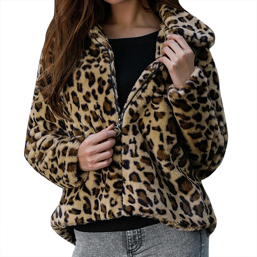 

Women'S Warm Soft Faux Fur Coat Leopard Print Winter Plush Overcoat Elegant Turn Down Collar Slim Outerwear Mujer Teddy Outwear