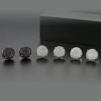 

White/Black AAA+ Cubic Zirconia Paved Bling Iced Out Round Stud Earrings for Women Men Hip Hop Rapper Jewelry Gold Rose