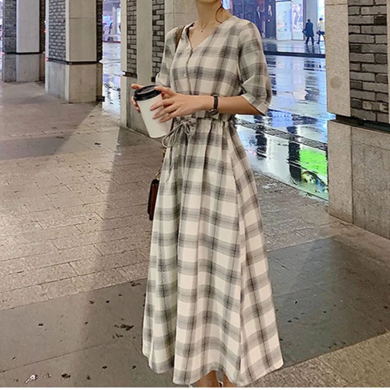 Dresses Women Summer High Street Plaid Students Fashion Korean Style  Ankle-length Button Female Hipster Slim Ulzzang Vintage Ins - AliExpress  200000345