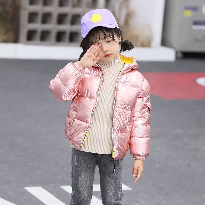 

Children Fashion Glossy Waterproof Down Jackets Girls Space Bread Hooded Down Jacket Boys Short Thick Padded Outerwear Coats