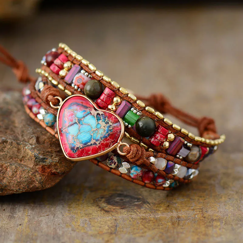 Premium New Heart Shape Leather Wrap Bracelets W/ Vibrant Stones Chain Beads Bracelet Boho Classic Jewelry Bijoux Dropship