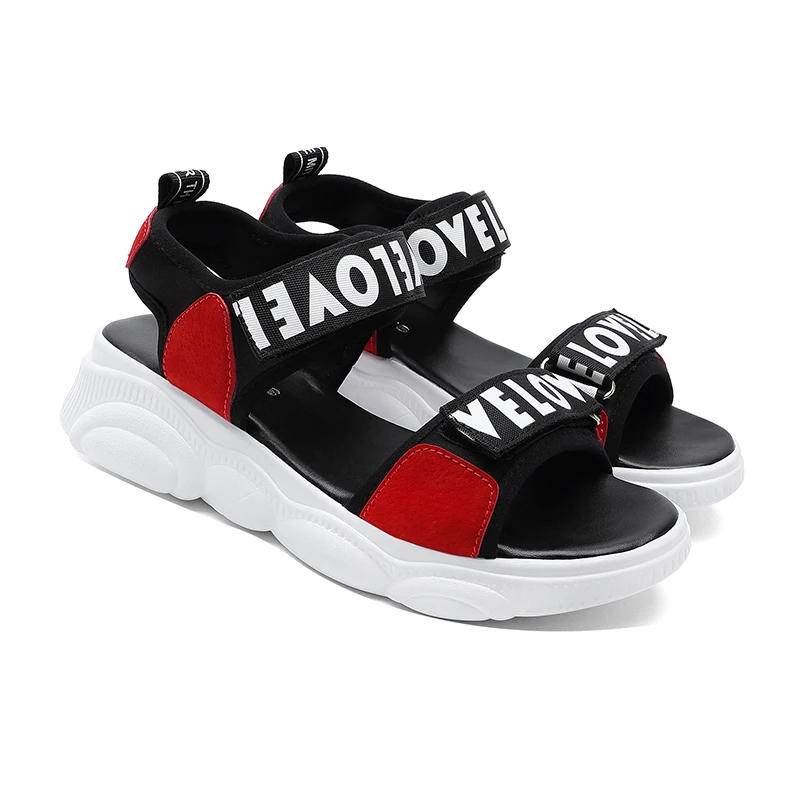 black red 9512 Женские босоножки на плоской подошве с открытым носком; сезон лето-осень; Элегантная модная повседневная обувь на застежке-липучке с золотым леопардовым принтом - Цвет: black red 9512