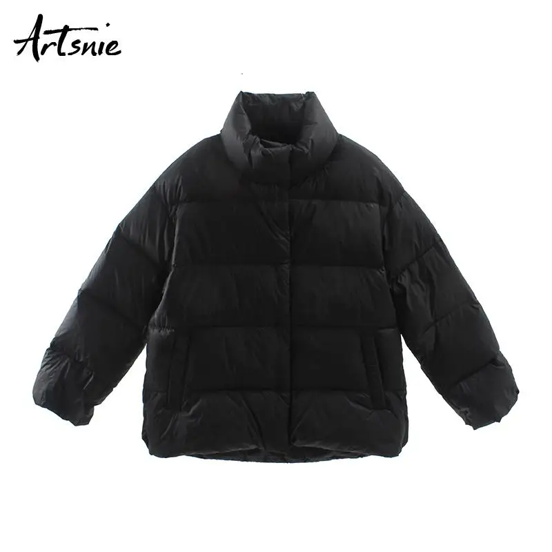 Artsnie streetwear casual turtleneck women parkas winter long sleeve sustans coats zipper double pockets warm parkas female - Цвет: Black