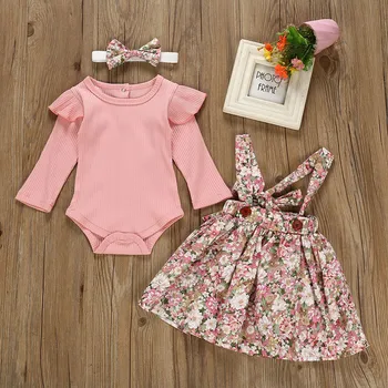 

TELOTUNY Children's clothing Toddler Baby Girl Long Sleeve Solid Ruffles Romper Tops+Floral Print Suspender Skirts Outfits Jul3