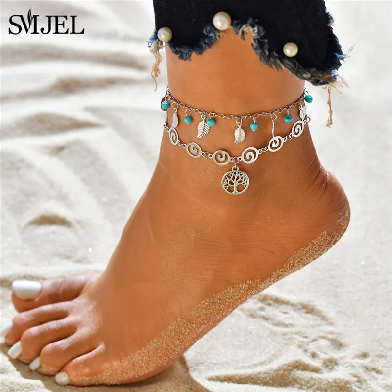 

SMJEL Vintage Tree of Life Leaves Ankle Bracelet Women Ankelets Fashion Ocean Wave Elephant Tail Charm enkelbandjes sieraden