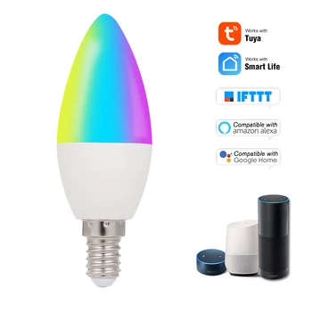 

Tuya Smart Wifi LED Bulb LED RGB+W+C Candle E14 Bulb Dimmable Light Remote Control Work with Alexa Google Home Assistant