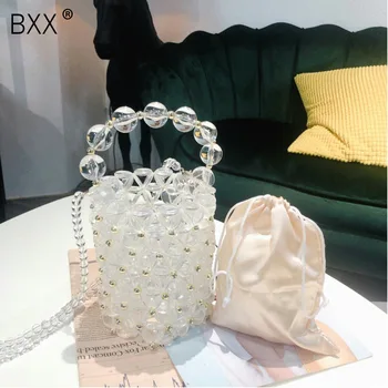 

[BXX] Women's Single Shoulder Crossbody Bag All-match 2020 Luxury Pearl Weave Bucket Bag Female Brand Designer Handbag HI011