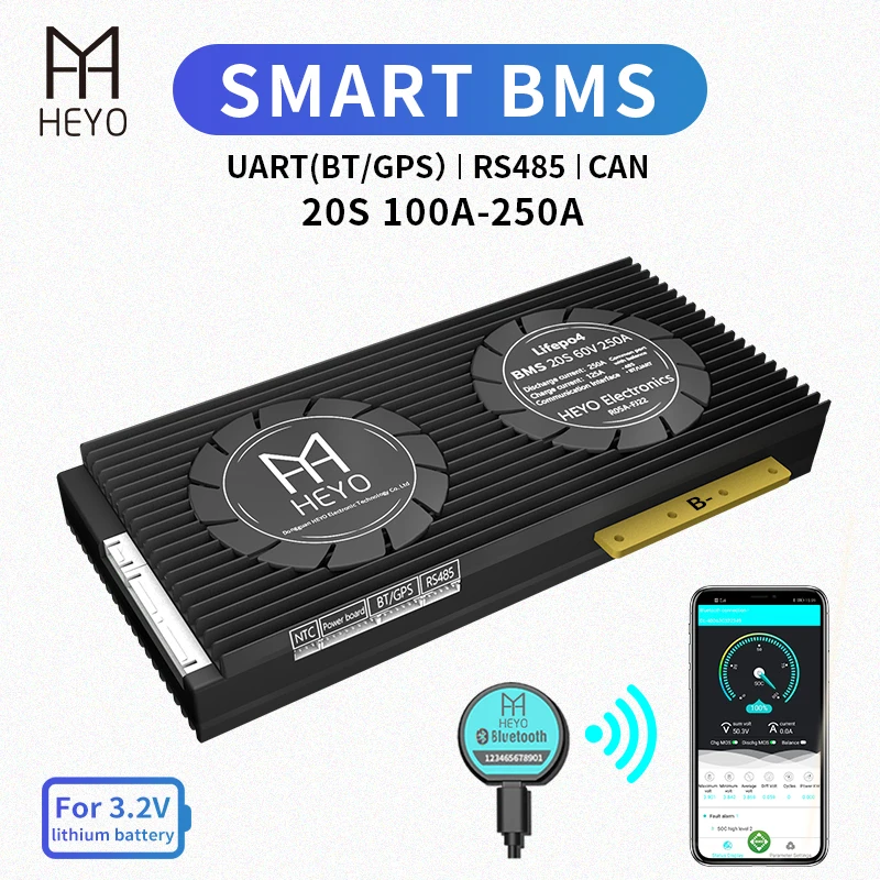 HEYO Smart BMS LiFePO4 Lipo 20S 60V 100A 120A 150A 200A 250A Bluetooth GPS APP UART RS485 может заряжать аккумулятор e