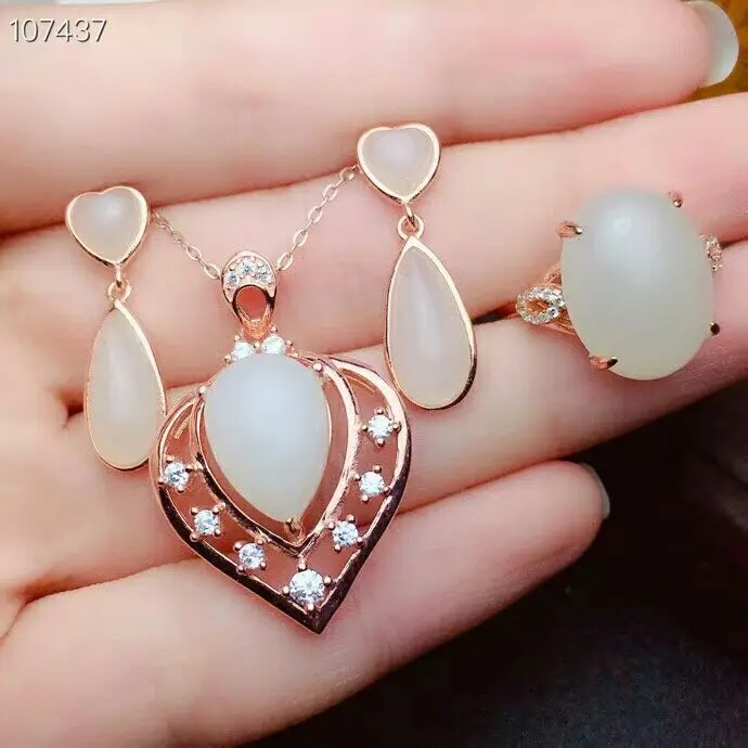 

MeiBaPJ Natural White Nephrite Jade Gemstone Heart Jewelry Set Real 925 Sterling Silver Three-piece Suite Fine Jewelry for Women