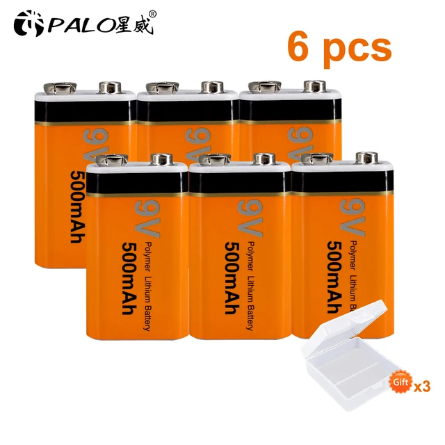 PALO 9V Rechargeable Battery 500mAh 9V Lithium rechargeable battery 9v 6f22 Li-ion batteries for Mrophone 9v Battery 6pcs battery