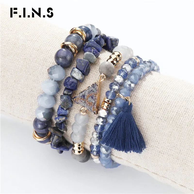 

F.I.N.S Multi Layers Natural Stone Beaded Bracelets Stackable Bracelet Bohemia Strands Stacked Tassel Bracelets Set for Women