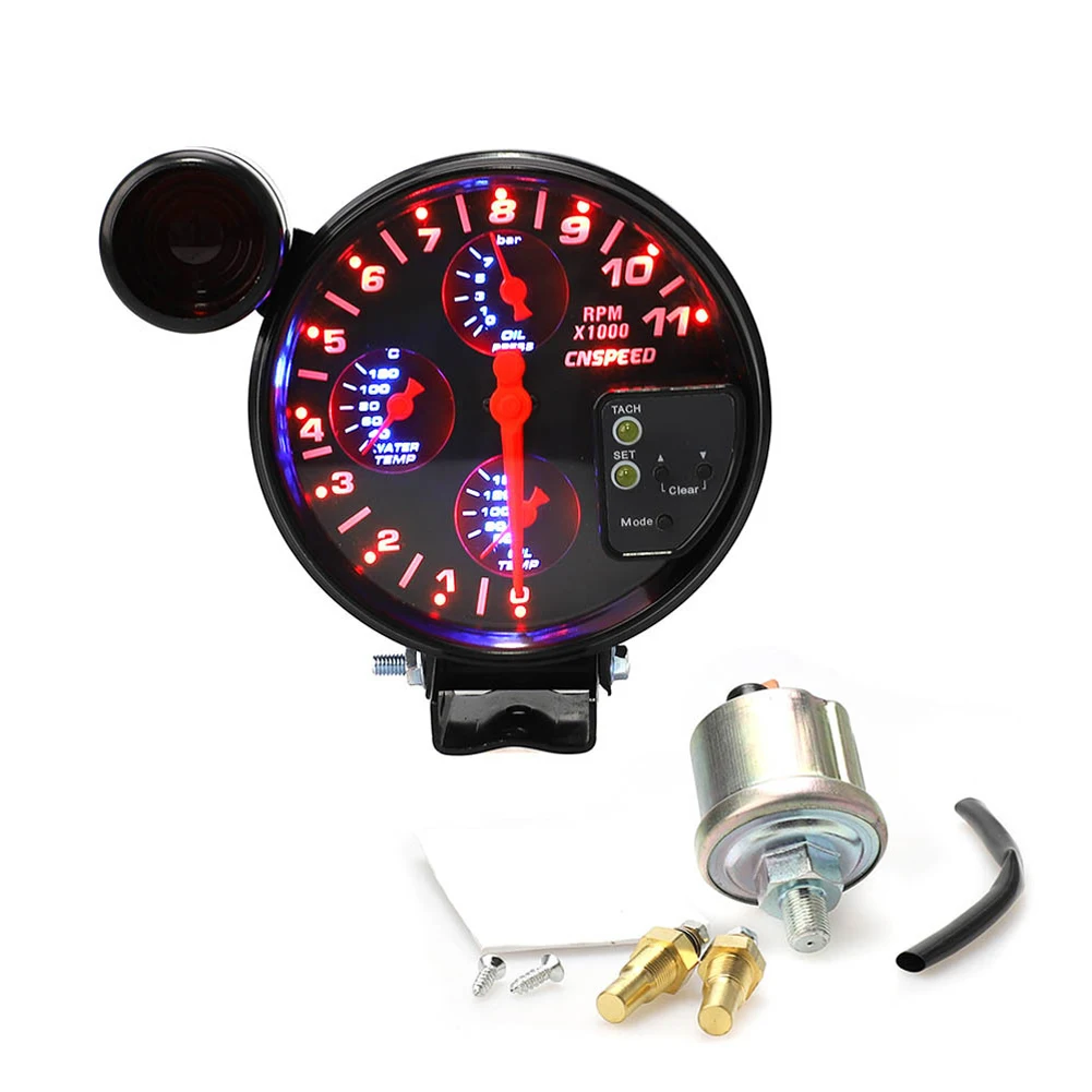 

4 In 1 Black Shell Durable Oil Pressure Car Auto Accessories Water Temperature Gauge Modified Universal Red Light Tachometer 5