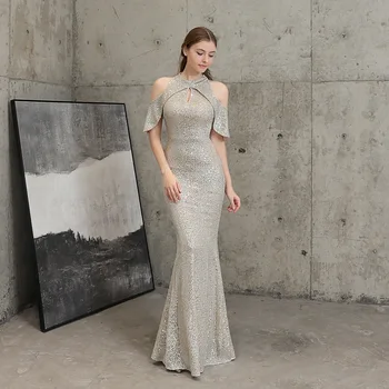 

Noble banquet evening dress elegant long party evening dresses short sleeve off-shoulder sequined fishtail evening gown