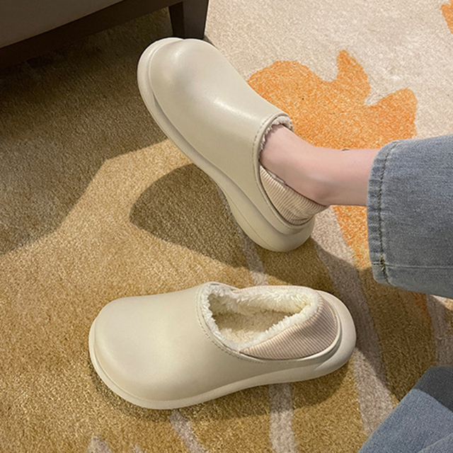 Winter Leather Waterproof Slippers Warm Men Shoes Women Couples Non-Slip Plush Cotton Indoor Outdoor Cozy Home Autumn Flats