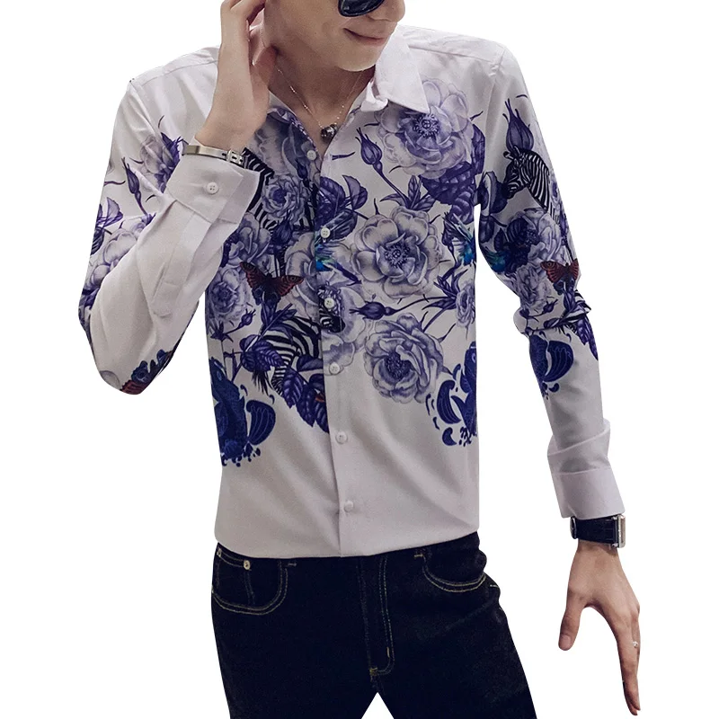 Camisa Masculina цифровой принт мужские рубашки с длинным рукавом Осень мужские рубашки с цветочным узором повседневные приталенные рубашки для ночного клуба homme 3XL