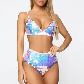 

Bling Sequins Swimsuits Bikini Set Spaghetti Strap Deep V-Neck Backless Bra Elastic Waist Panty Bathing Suits Summer Beachwear