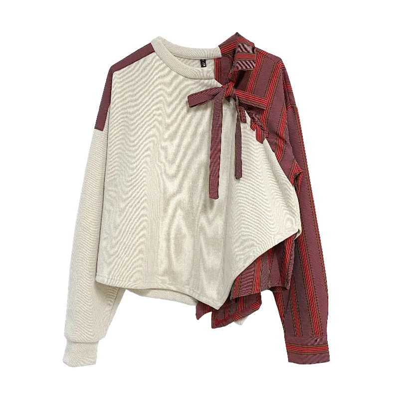

Women 2020 spring new hit color striped cotton sweatshirt female crewneck irregular tops ladies bandage sweats