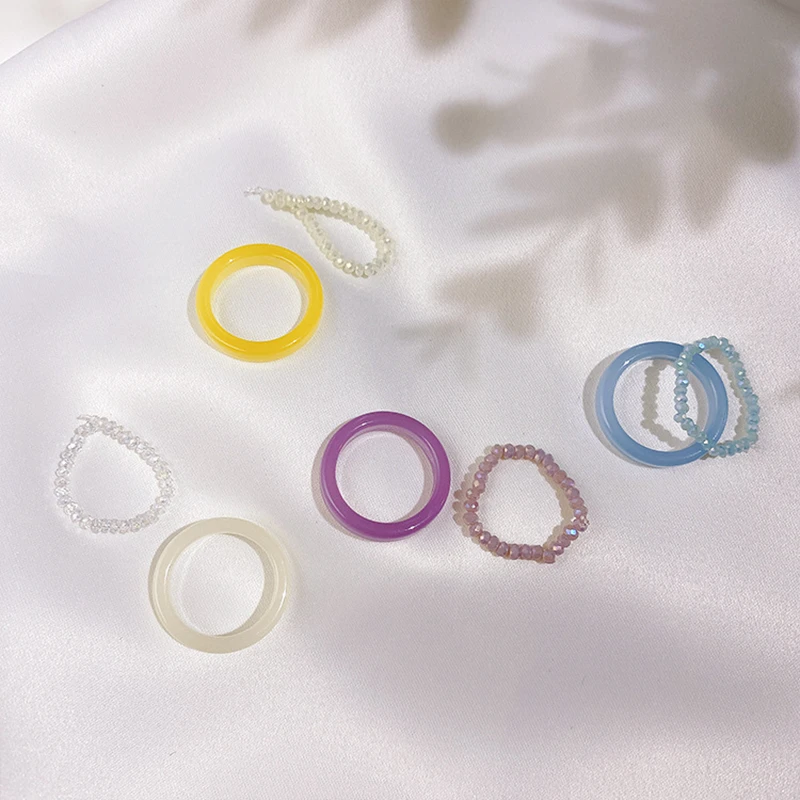 Simple Colorful Transparent Resin Acrylic Rings Set Candy Color Beads Chic Spring Rings for Women Picnic Party Jewelry Gifts