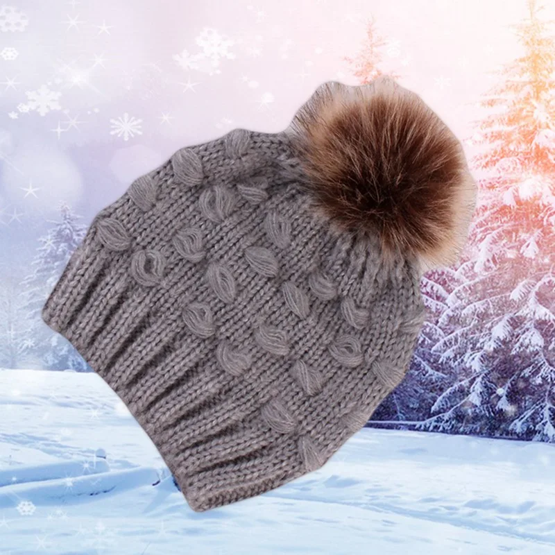 Родитель-Детские шапочки с помпоном теплый мех енота Bobble Mommy Beanie шапки Дети хлопок вязаный мама детская зимняя шапка шапки