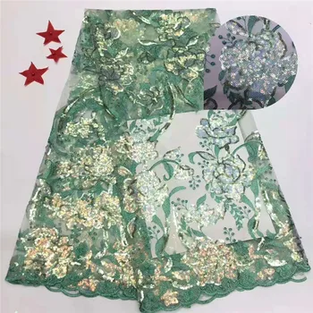 

African Green Lace Fabric With Sequins Nigerian French Tulle Lace Fabric High Quality Sequined Tulle For Wedding Dress