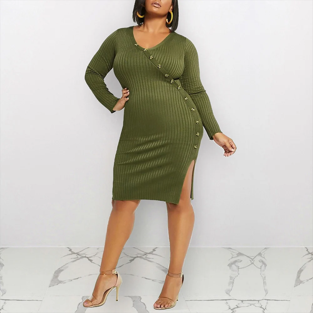 

Fadzeco Hot Sale Autumn Winter V Neck Long Sleeve Solid Color Ladies Loose Casual Women Dress Lady Bodycon Robe Dresses