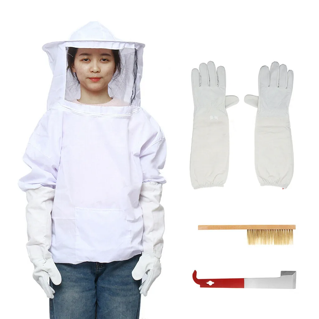 4pcs/set Beekeeping Tools Antibee Protective Clothing Jacket Breathable White Beekeeping Suit Bee Brush Gloves Set Equipment