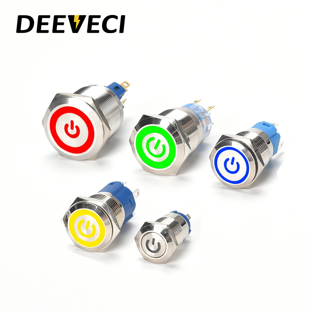 

12mm 16mm 19mm 22mm 25mm red blue 12v 220v Metal Waterproof Latching Momentary Push Button Switch With Power symbol